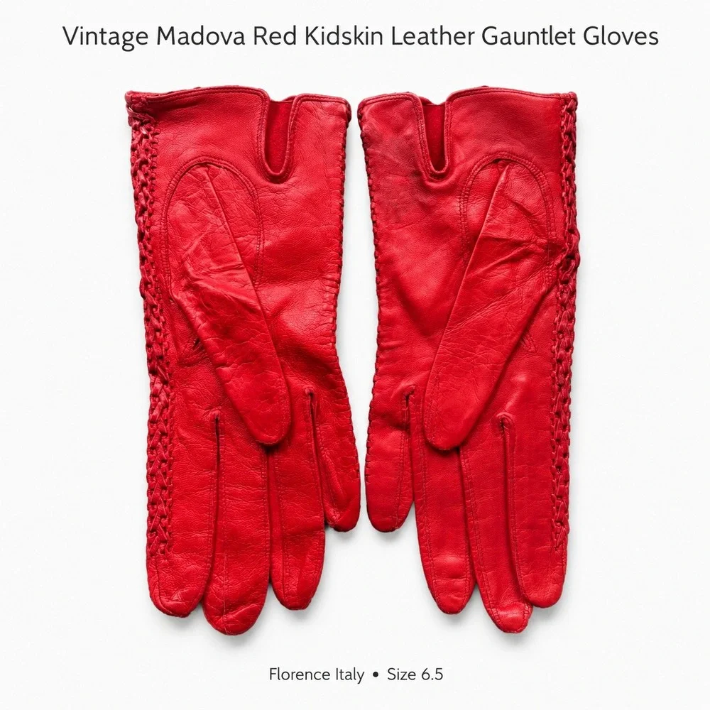Vintage Madova Red Kidskin Leather Gauntlet Gloves Florence Italy Size 6.5